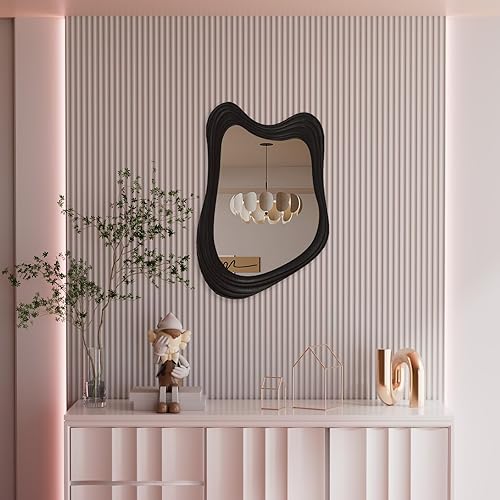 Miniatura 4 de Espejo de pared irregular de 32 x 24 pulgadas, marco de madera negra, espejo ondulado asimétrico para sala de estar, dormitorio, entrada, baño,