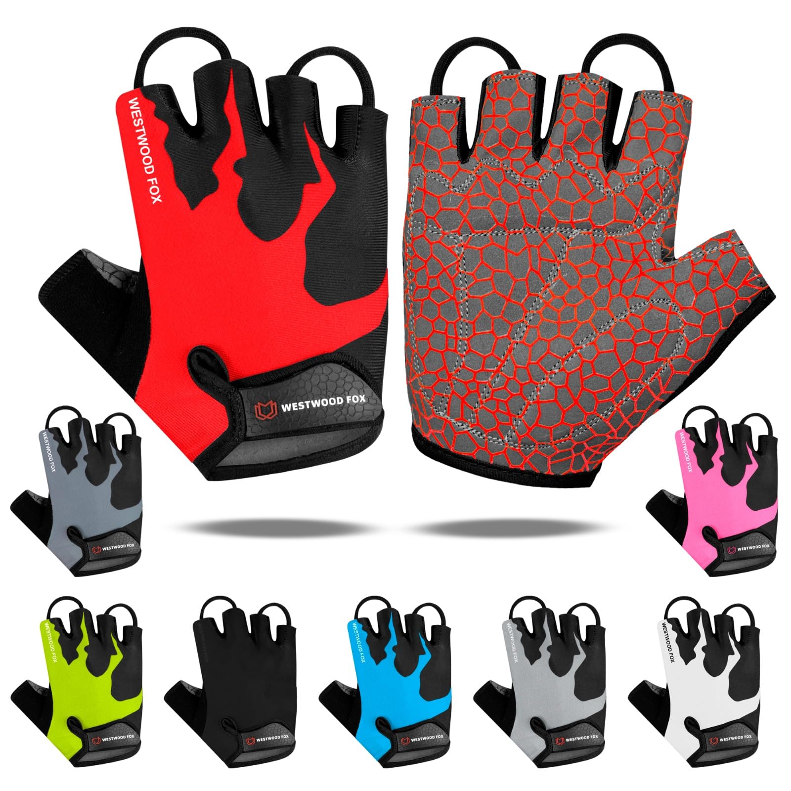 WESTWOOD FOX Cycling Gloves Half Finger Unisex Padded Grips Palm Cycling Summer Riding MTB Cycling Gloves for Men Women Non-Slip Fingerless Short Mountain Bike
