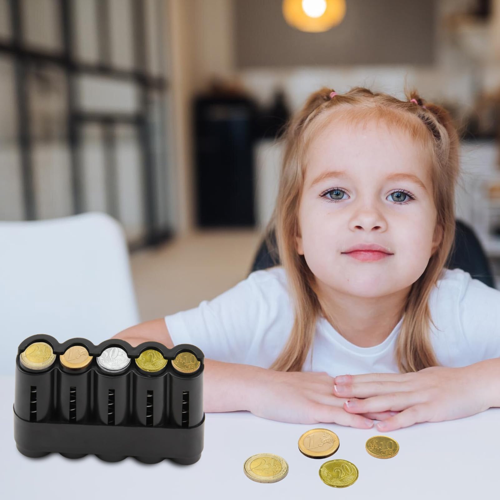 Clasificador Monedas, Portamonedas con 5 Compartimentos para Monedas de 2€, 1€, 50c, 20c y 10c, Diseño de Plástico Negro