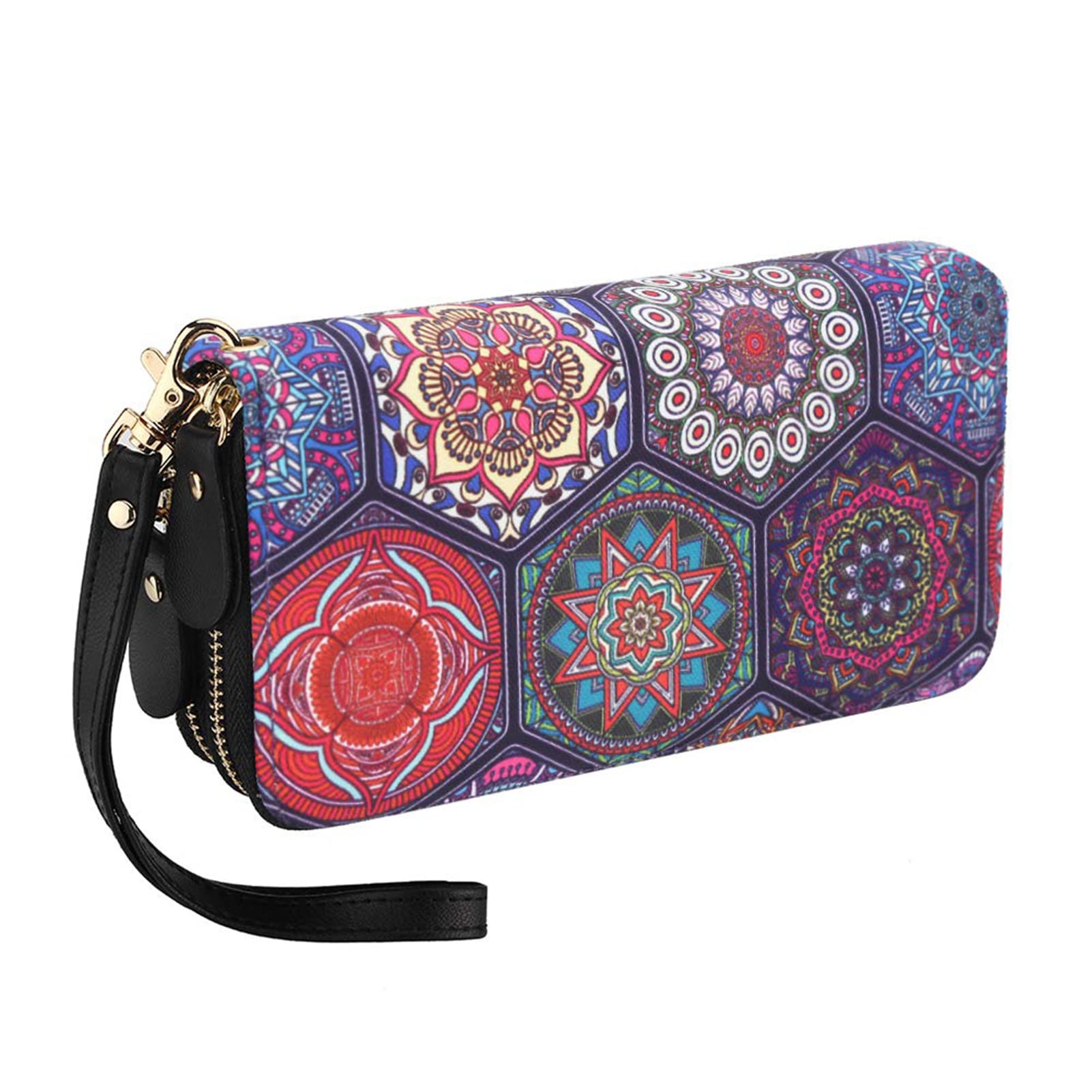 LATH.PIN RFID Blocking Bohemian Purse Wallet Canvas Elephant Pattern Handbag with Coin Pocket and Strap