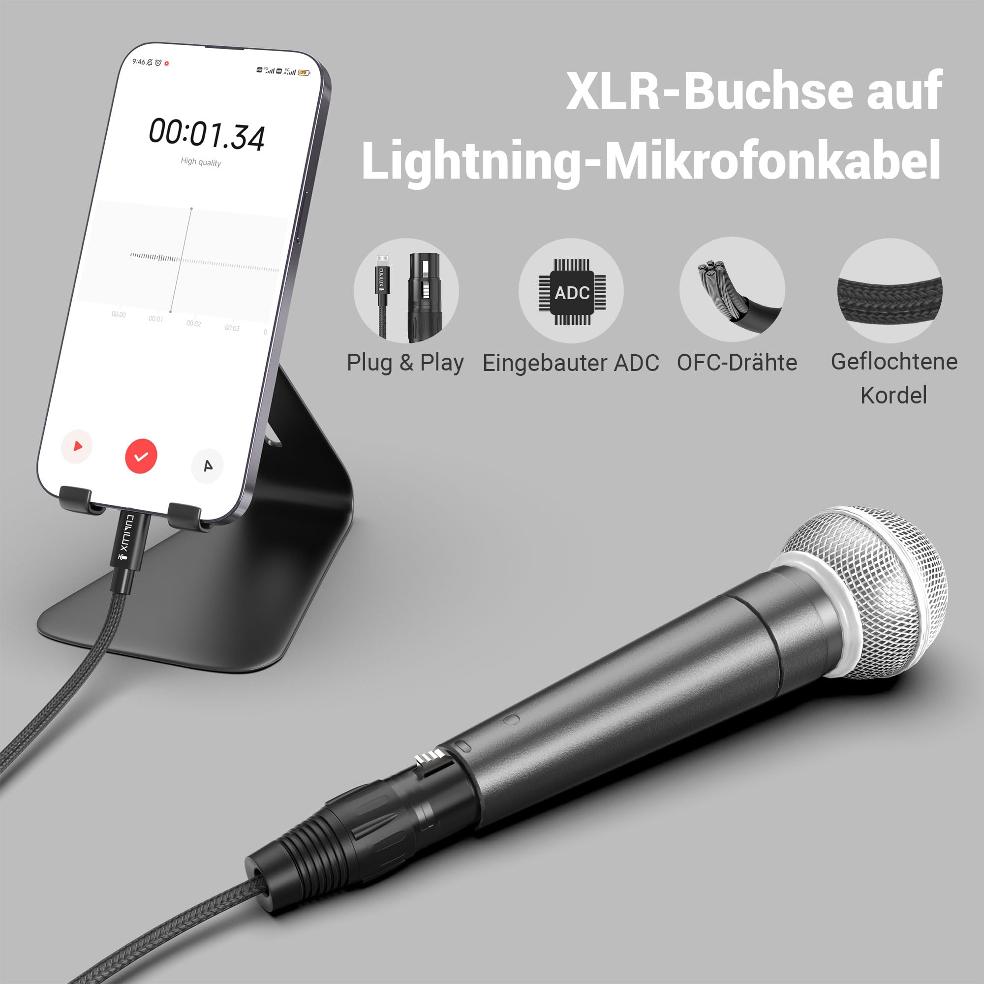 Cubilux XLR Buchse auf Lightning Mikrofonkabel für Aufnahme und Karaoke, geflochtenes Kabel für iPhone 14/13/12 Pro Max, iPad 9/8/7, iPod, 2 m