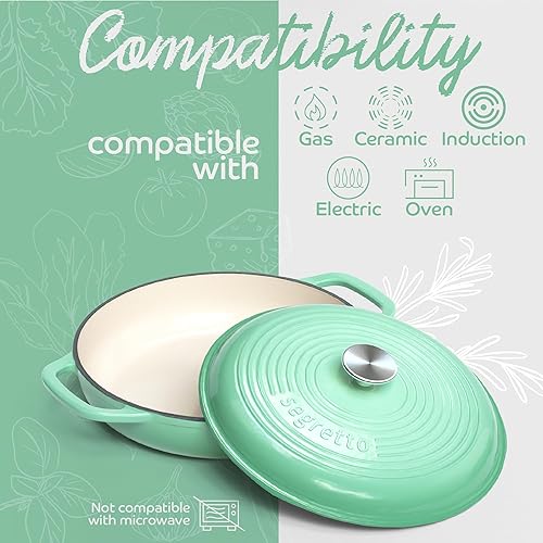 Miniatura 9 de Bianco Perla - Cacerola de hierro fundido esmaltado de 3.6 cuartos de galón con tapa, sartén de hierro fundido esmaltado con tapa, sartén para