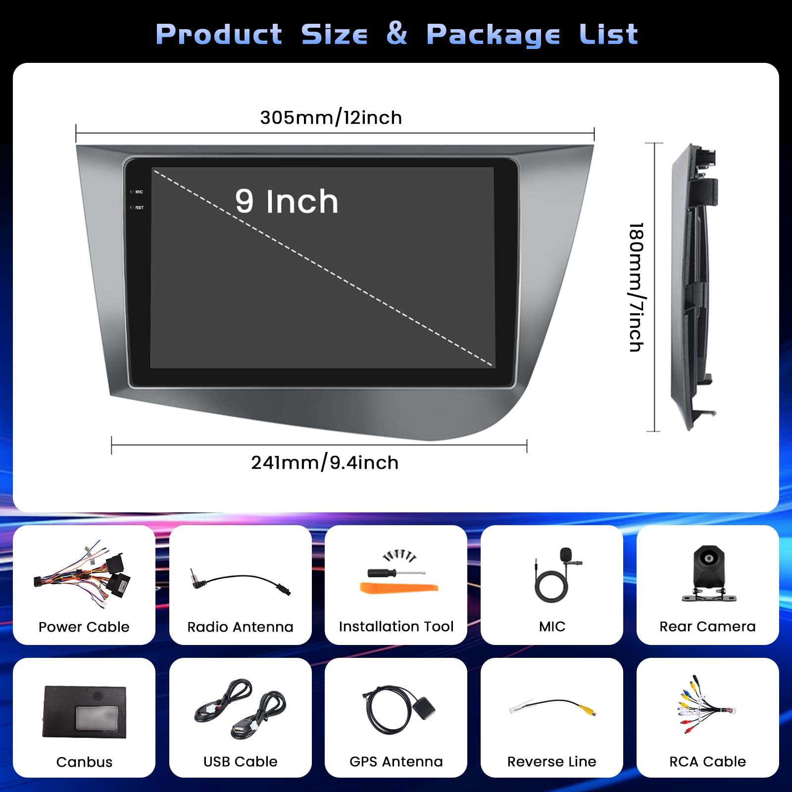 Hikity 4+128G 9" Radio Android para Seat Leon 2005-2012 Wireless CarPlay