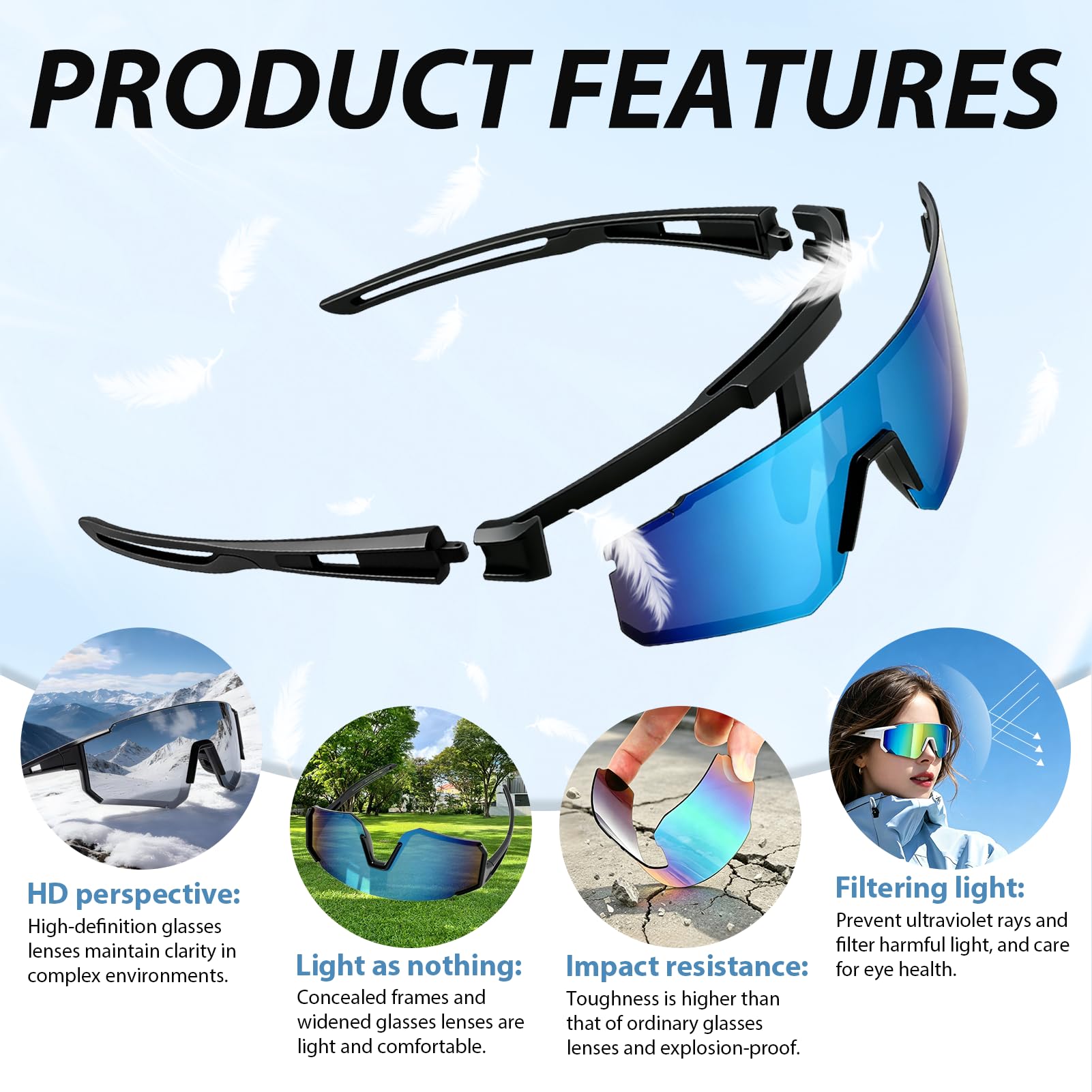 Lot de 3 Lunettes de Vélo Non Polarisées Sport Homme Femme, Lunettes de Soleil Running UV400 Protection Anti-UV, Accessoire Cyclisme pour Course à Pied Triathlon Moto Golf Plein Air