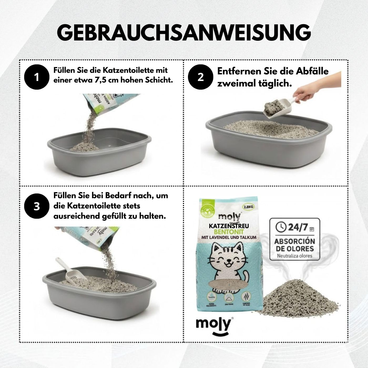 MOLY X3 Bentonit-Katzenstreu mit Aktivkohle, 8,4 kg, 11,1 l, hohe Absorption, Bindemittel mit Lavendel- und Talkum-Duft, vollständige Geruchskontrolle, staubfrei, hygienisches Premiummineralbett