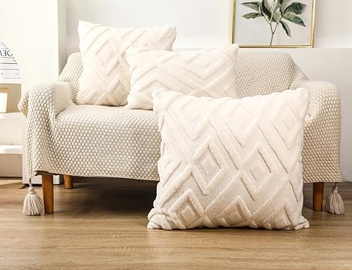 Miniatura 3 de DRNOU Juego de 2 fundas de cojín de piel sintética de color blanco crema de 30 x 30 pulgadas, patrón de cuadros suaves y bohemios, funda de cojín