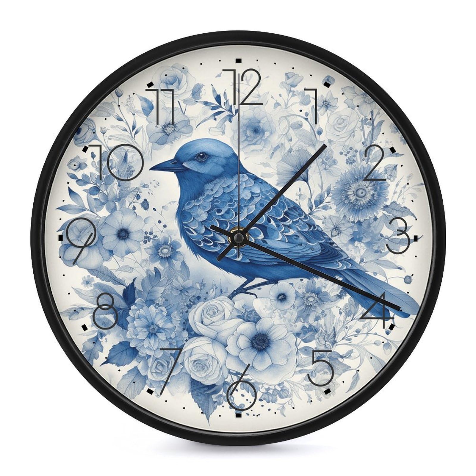 Horloge murale oiseau bleue et fleurs 25.4cm horloge silencieuse noire pour salon et chambre