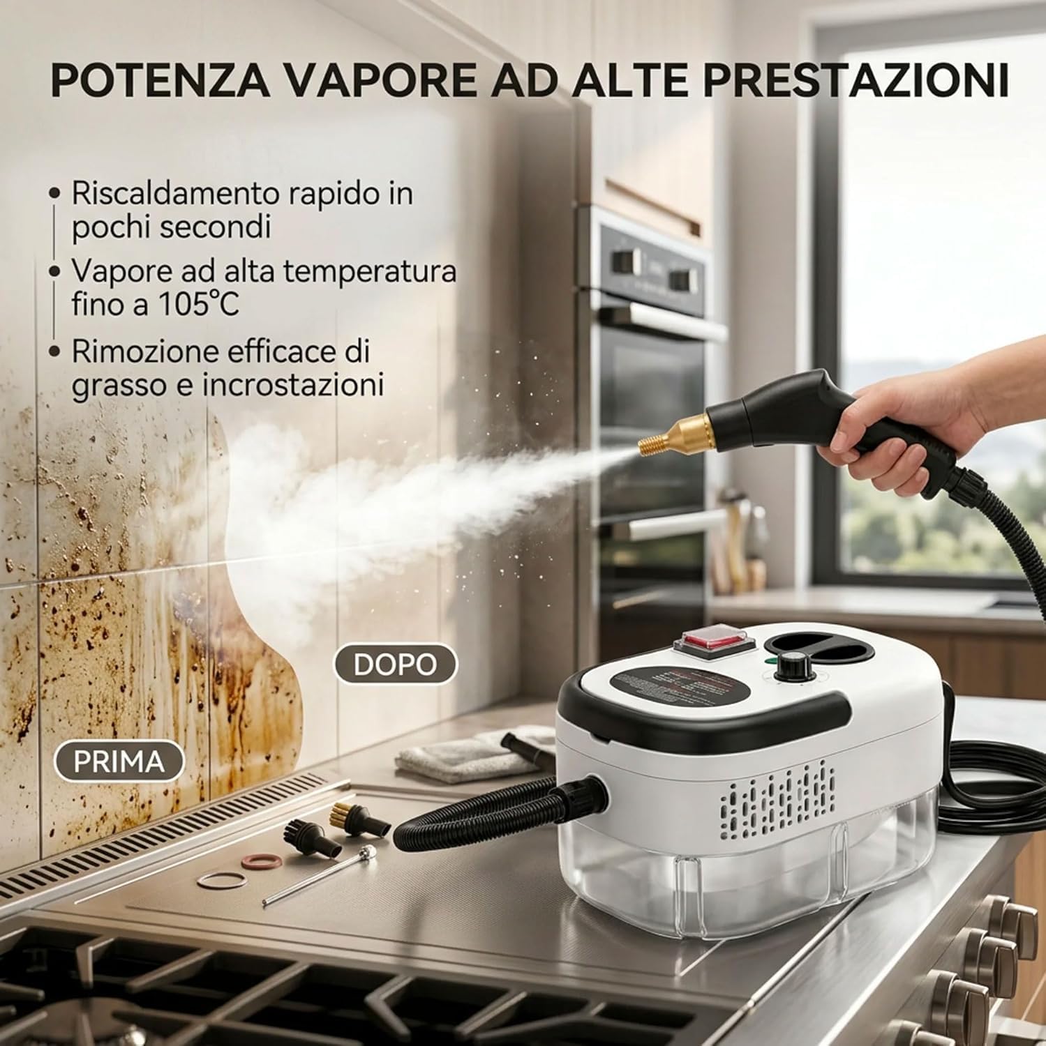 081 Store - Pulitore a Vapore 2500W Alta Pressione con 6 Livelli Di Regolazione, Serbatoio Grande da 1200ml, Vapore fino a 105°C, Kit Accessori Multifunzione per Pulizia Casa, Cucina, Bagno, Divani