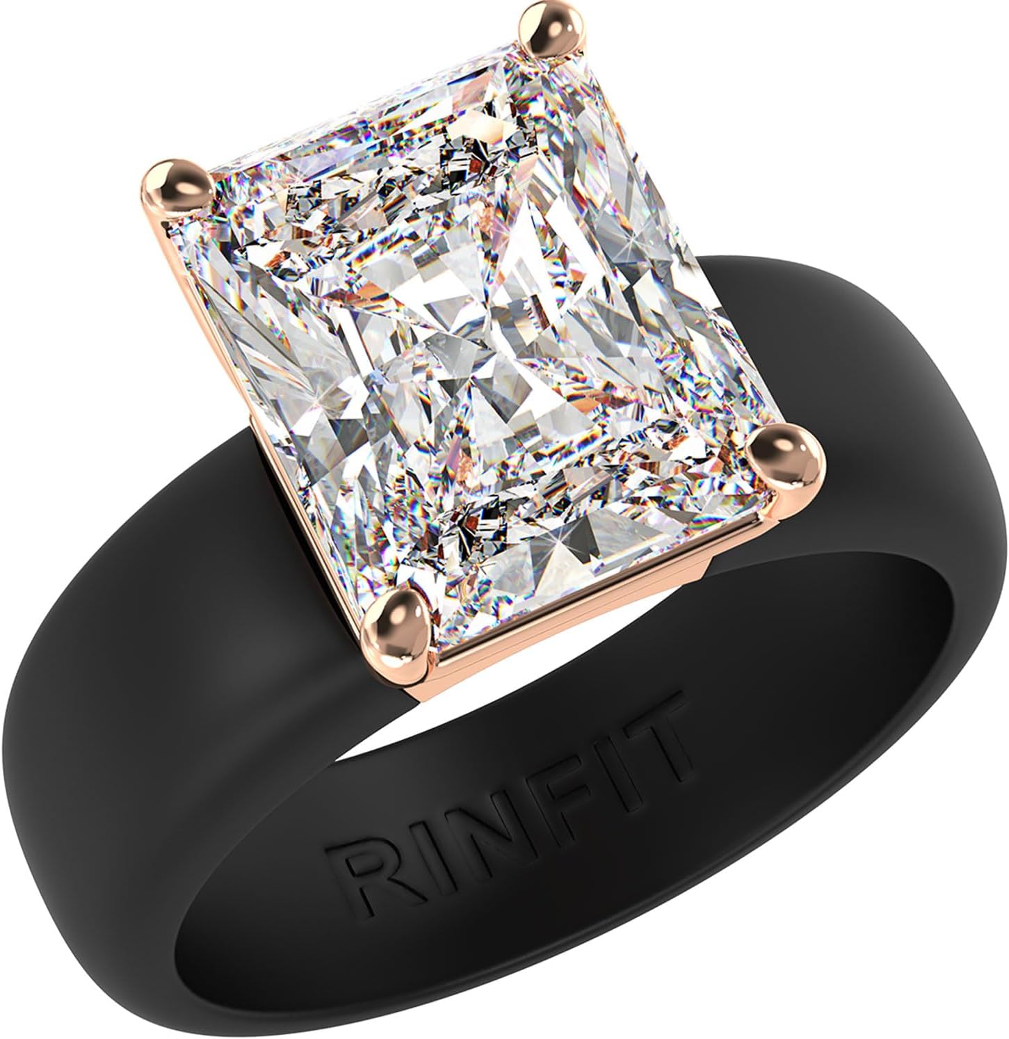 Rinfit Silicone Ring with Stone - Emerald Cut Cubic Zirconia Solitaire Engagement Ring for Women - Rubber Wedding Bands - Patent Pending Design