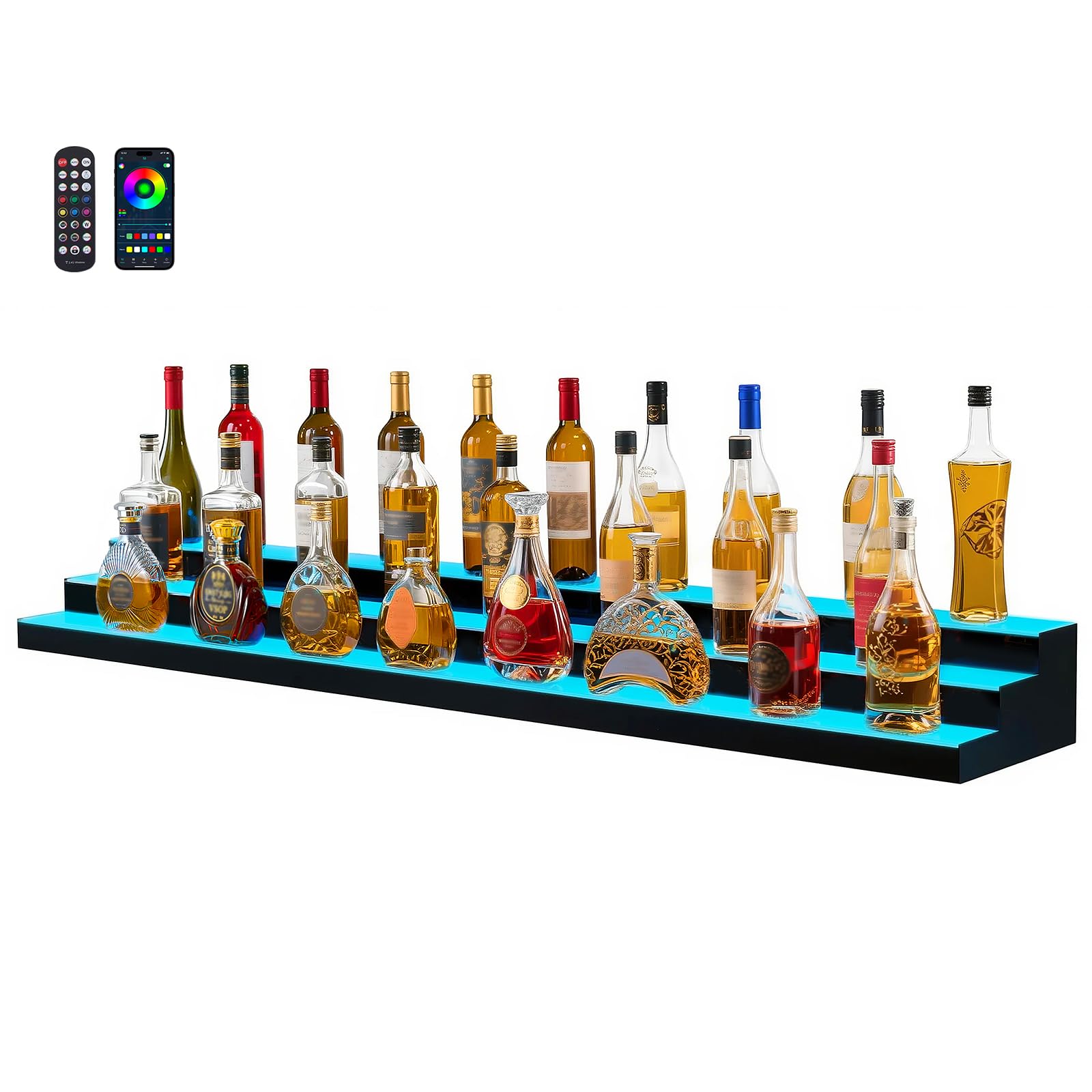 VEVOR LED Lighted Liquor Bottle Display, 3 Tier 70 Inch, Illuminated Home Bar Shelf with RF Remote &amp; App Control, 7 Static Colors, Acrylic Lighted Whiskey Shelf for 52 Bottles, Powered by Adapter Only