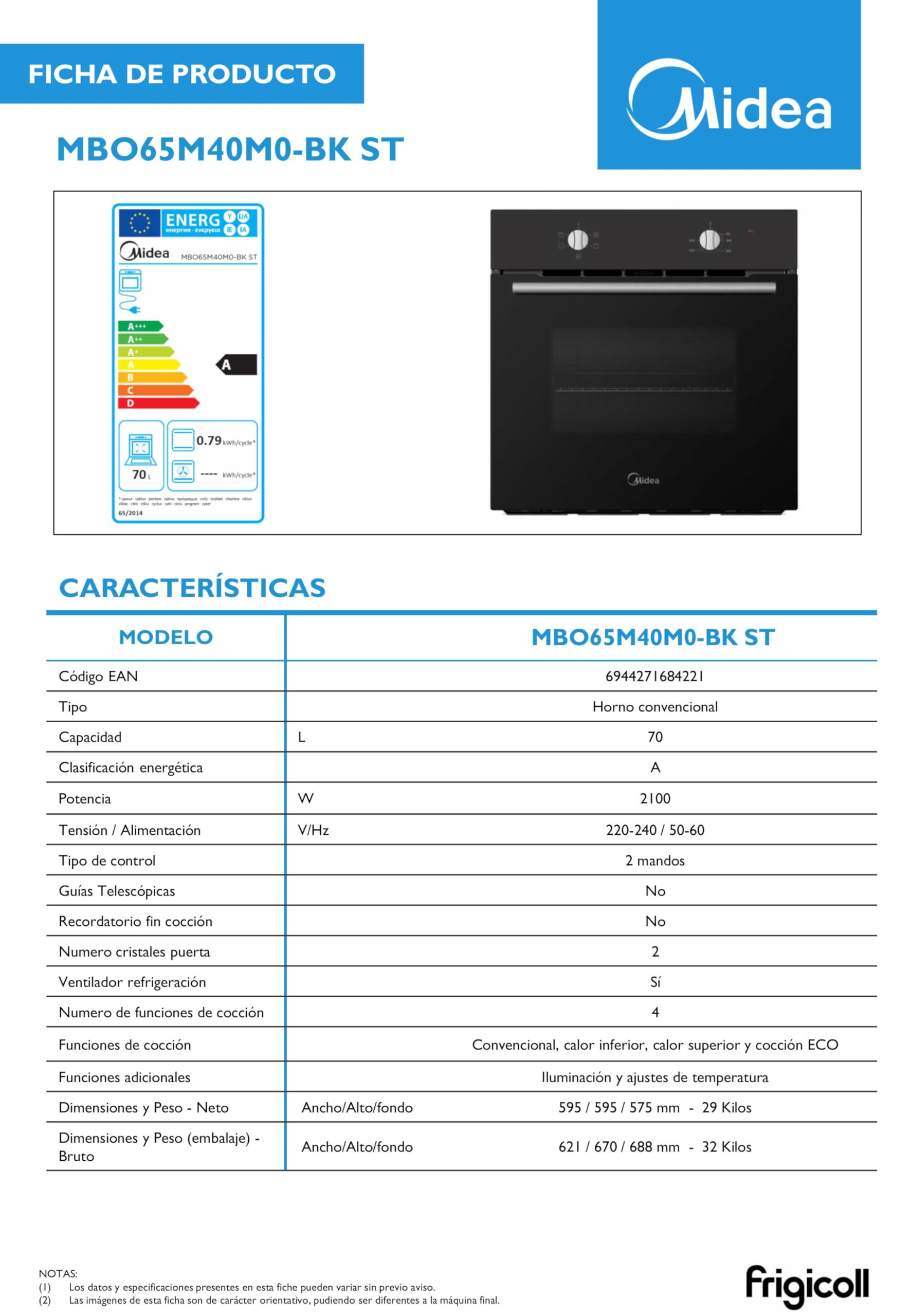 Midea Horno Electrico Empotrable Convencional de 70L y 2100W - Horno Integrable Negro con 4 funciones, Modo ECO - Hornos con Luz Led de Bajo Consumo, Puerta Doble Cristal, Bandeja Universal, y Rejilla