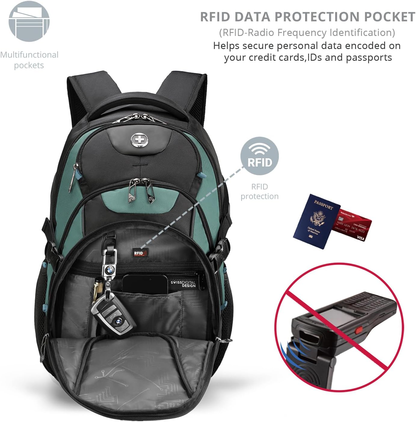 Swissdigital Design Laptop Backpack with USB Charging Port, Travel Backpack Fits 15.6 inches Computer, 31L College School Backpack for Men, Lake Green/Black | SD803-27 - Image 5