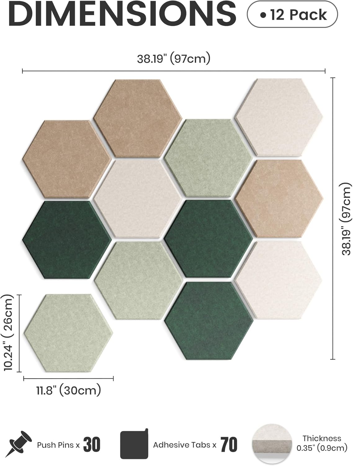 Fluxynara Hexagon Cork Board Alternative for Walls Decor-12-Pack Felt Bulletin Board Tiles,with 30 Pushpins,70 Adhesive Tabs for Office,Classrooms & Home Pin Board Felt Board-Nordic Moss