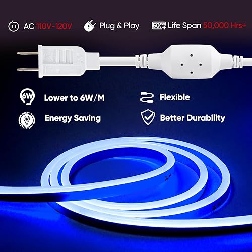 Miniatura 5 de Shine Decor Tira de luces LED de neón conectables, 16.4 pies, flexible, CA, 110 V, 120 V, tira de luces LED de neón (color azul) al aire libre,