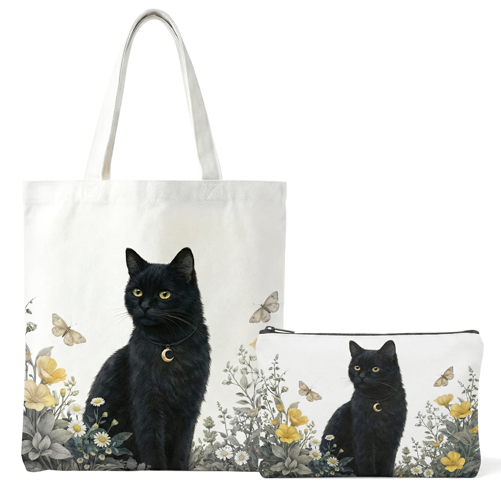 Cat Canvas Tote Bag and Makeup Bag Set Black Cat Gifts for Women, Reusable Shopping Bags for Cat Lovers, Large Tote Bag Presents for Mum Auntie Wife Sisters Friends Teachers Girls