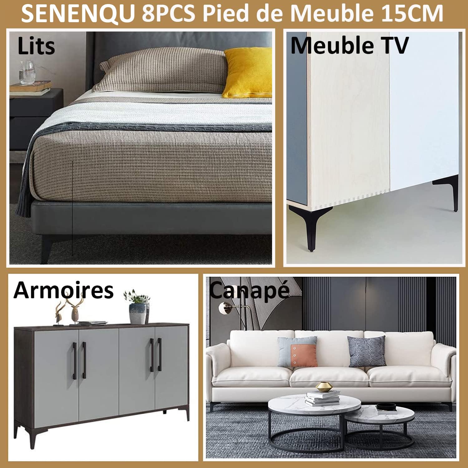 SENENQU Lot de 8 Pieds de Canapé Metal 15 cm, Pieds de Table Basse Métal Charge Jusqu'à 600 KG Pied de Meuble Noir, Support de Table en Fer Forge/Sofa, Pied pour Meuble TV, Placard