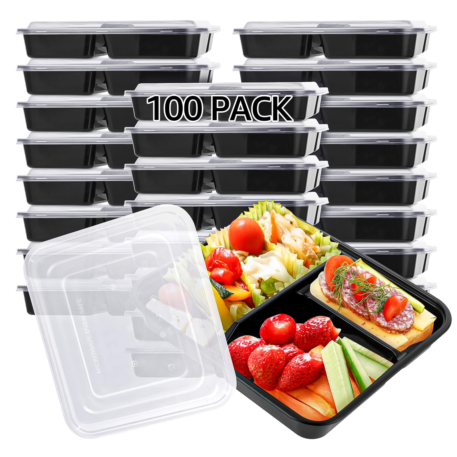 Lifetime Supplies 100 Stück, 907 ml, Lebensmittel-Vorbereitungsbehälter mit 3 Fächern, extra große Frischhaltedosen mit Deckel, BPA-frei, mikrowellengeeignet, spülmaschinenfest, für Reisen