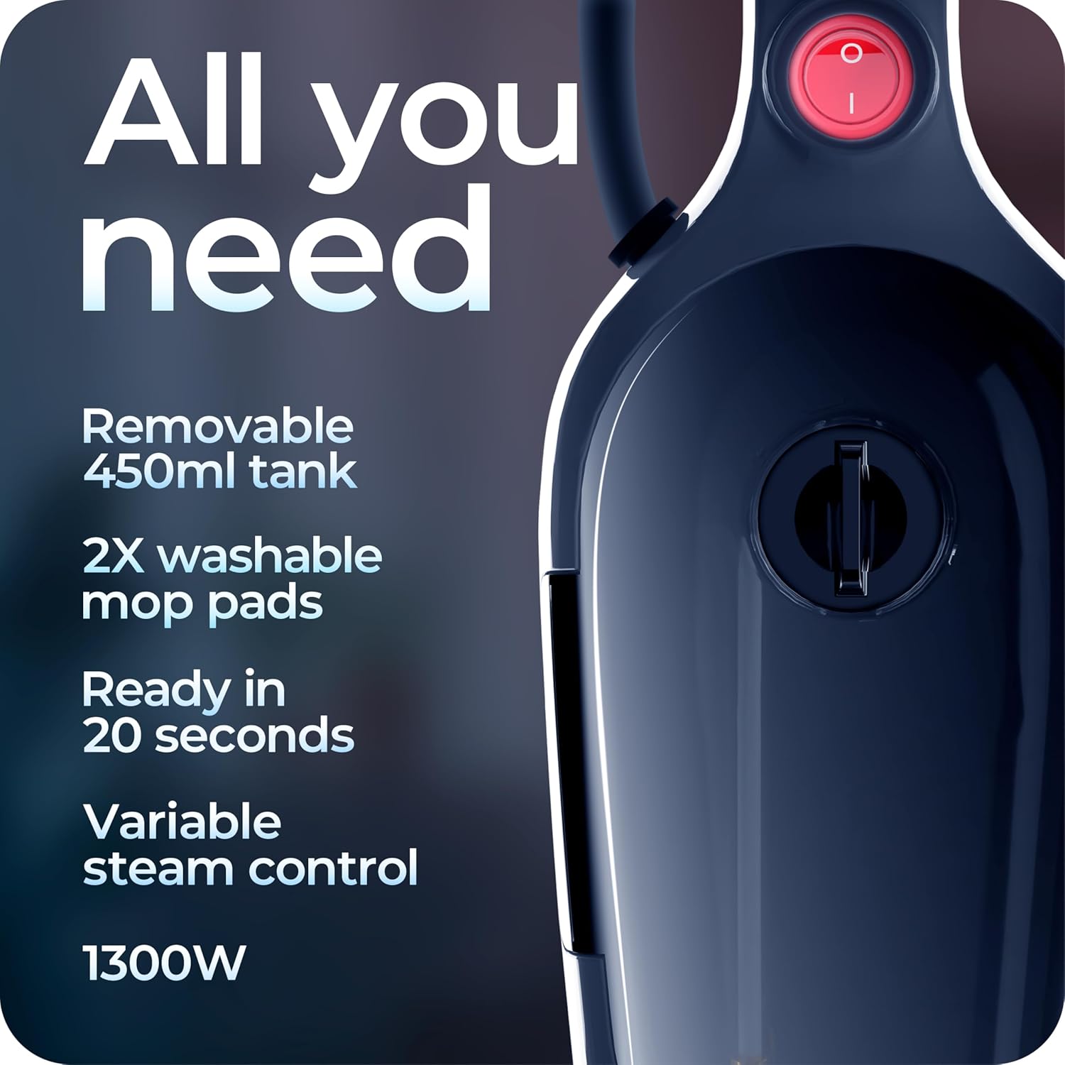 Close-up of the Avalla T-9's removable 450ml tank and controls