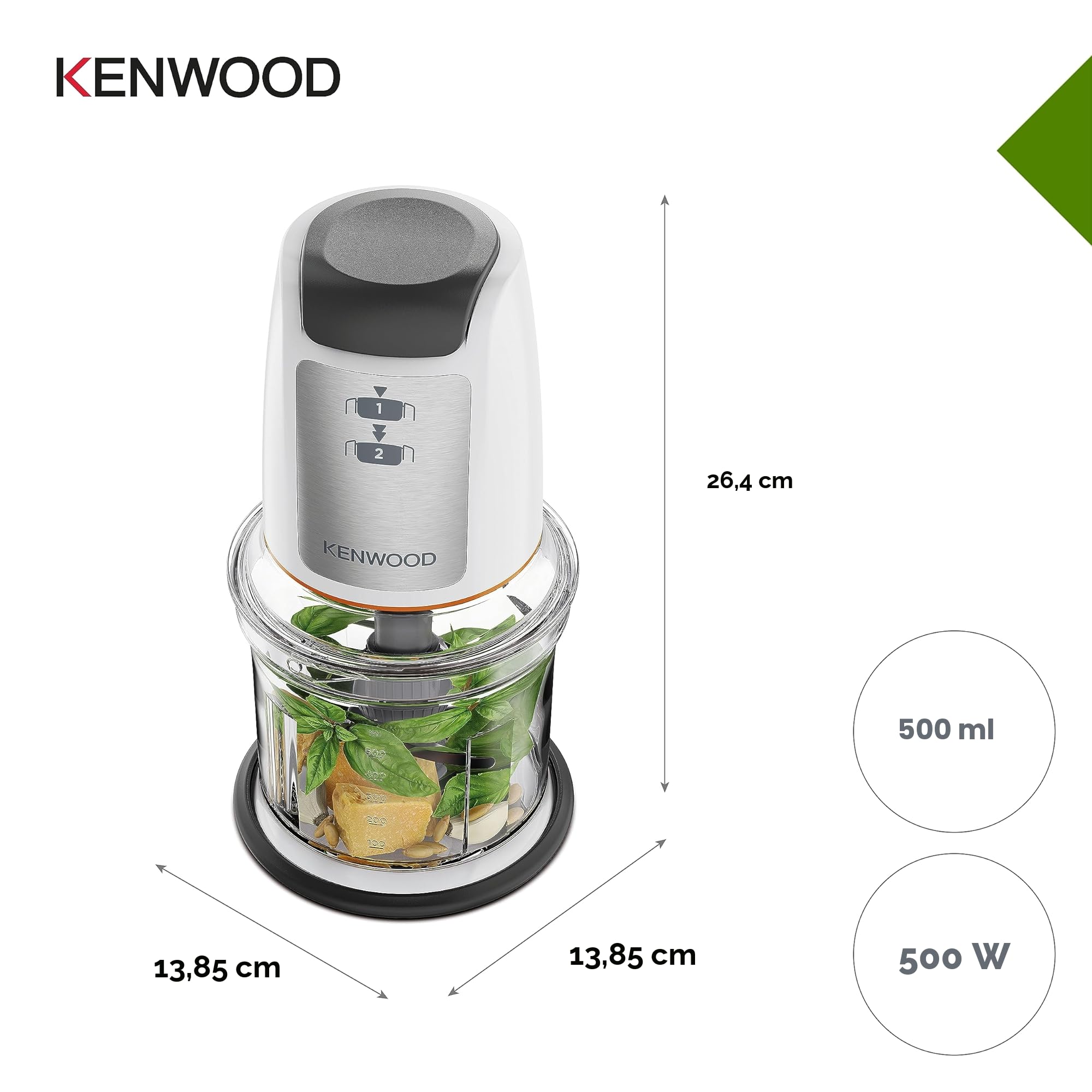 Kenwood Chopper CHP61.100WH, Potenza 500W, Ciotola da 0.5L, 2 velocità, Sistema a quattro lame, Anello antiscivolo per la stabilità del tritatutto, Lavabile in Lavastoviglie, Bianco/SIlver