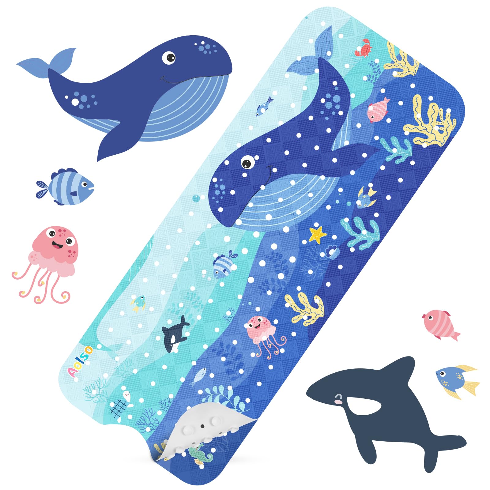 Aolso Tappetino da bagno per Bambini, 100x40cm Tappeto per Doccia con Due Ganci, Tappetino Antiscivolo Antimuffa per Vasca da Bagno e Doccia, Modello Animale Marino, con Ventose, Lavabile in Lavatrice