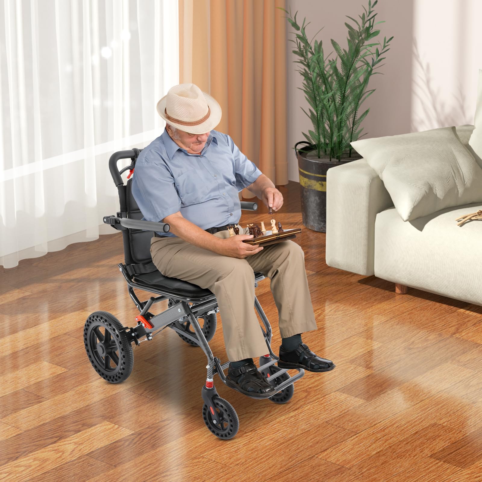Silla de ruedas plegable de viaje, silla de ruedas de tránsito con reposapiés y reposabrazos giratorios de 270°, ligera, de aluminio, para adultos mayores, hasta 100 kg