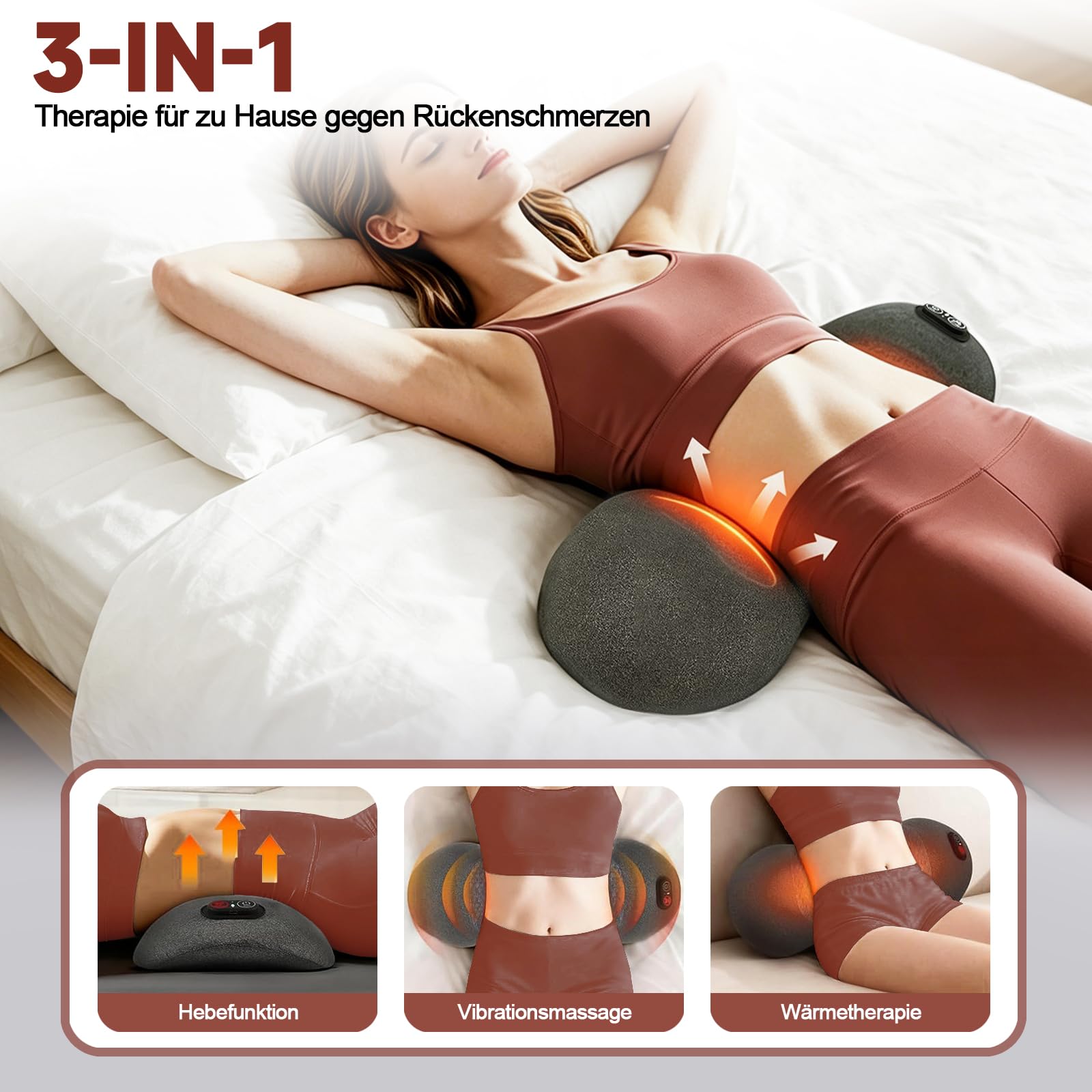 3-in-1 Rückenmassagegerät mit Luftkissen-Traktion, Vibration und Wärme - Elektrisches Lendenwirbelstützkissen für Nacken, Schultern und Rücken | Büro, Zuhause, Reise