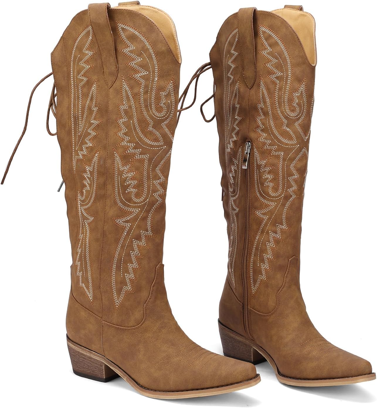 Lace Up Cowboy Boots for Women Embroidered Wide Calf Cowgirl Boots Comfortable Chunky Heel Pointed Toe Trendy Western Shoes for Prom Music Festival - Image 6