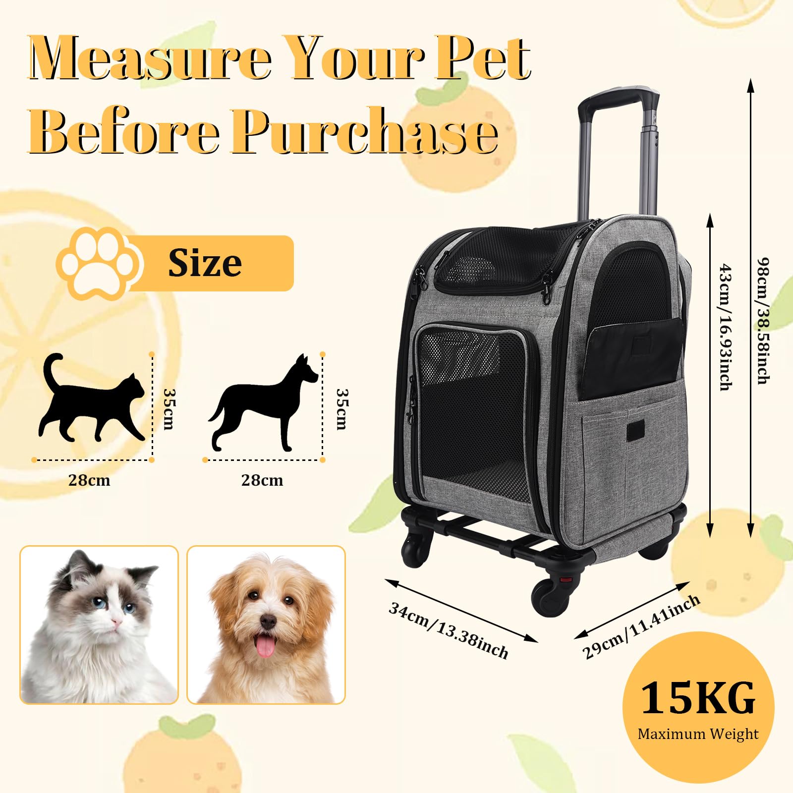 mumisuto Transportin Gato con Ruedas y Varilla Telescópica, Carga Máxima 15 kg, Expandible Transportin Perro con Arnés Interno, para Viajar en Tren/Automóvil/Restaurante/Avión
