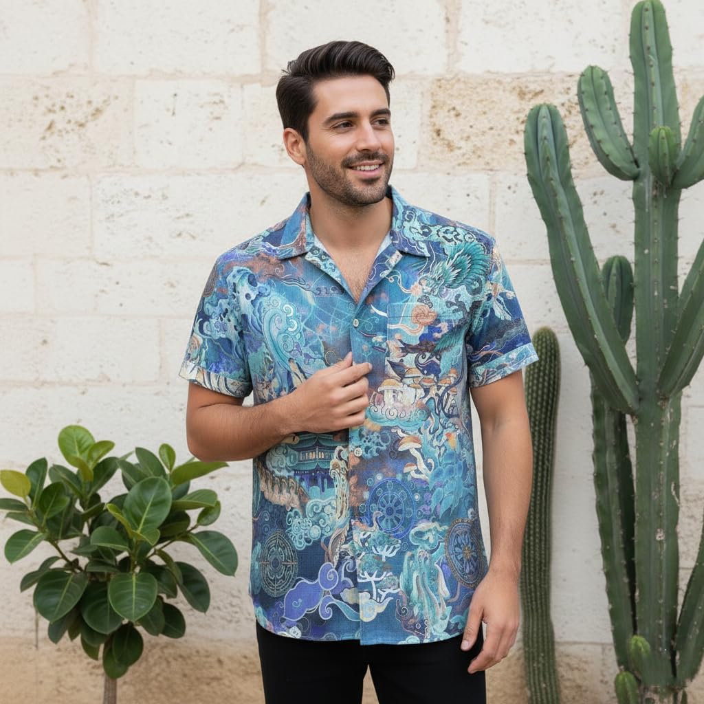 Men's Dreamland Art Slub Linen Shirt - Breathable Ethnic Printed Blouse, Relaxed Fit Summer Casual Button Down Top - Image 2