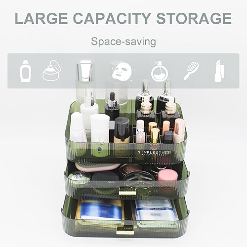 Miniatura 8 de Organizador de maquillaje con 2 cajones, organizador de cosméticos para encimeras de tocador de dormitorio y baño, caja de almacenamiento de