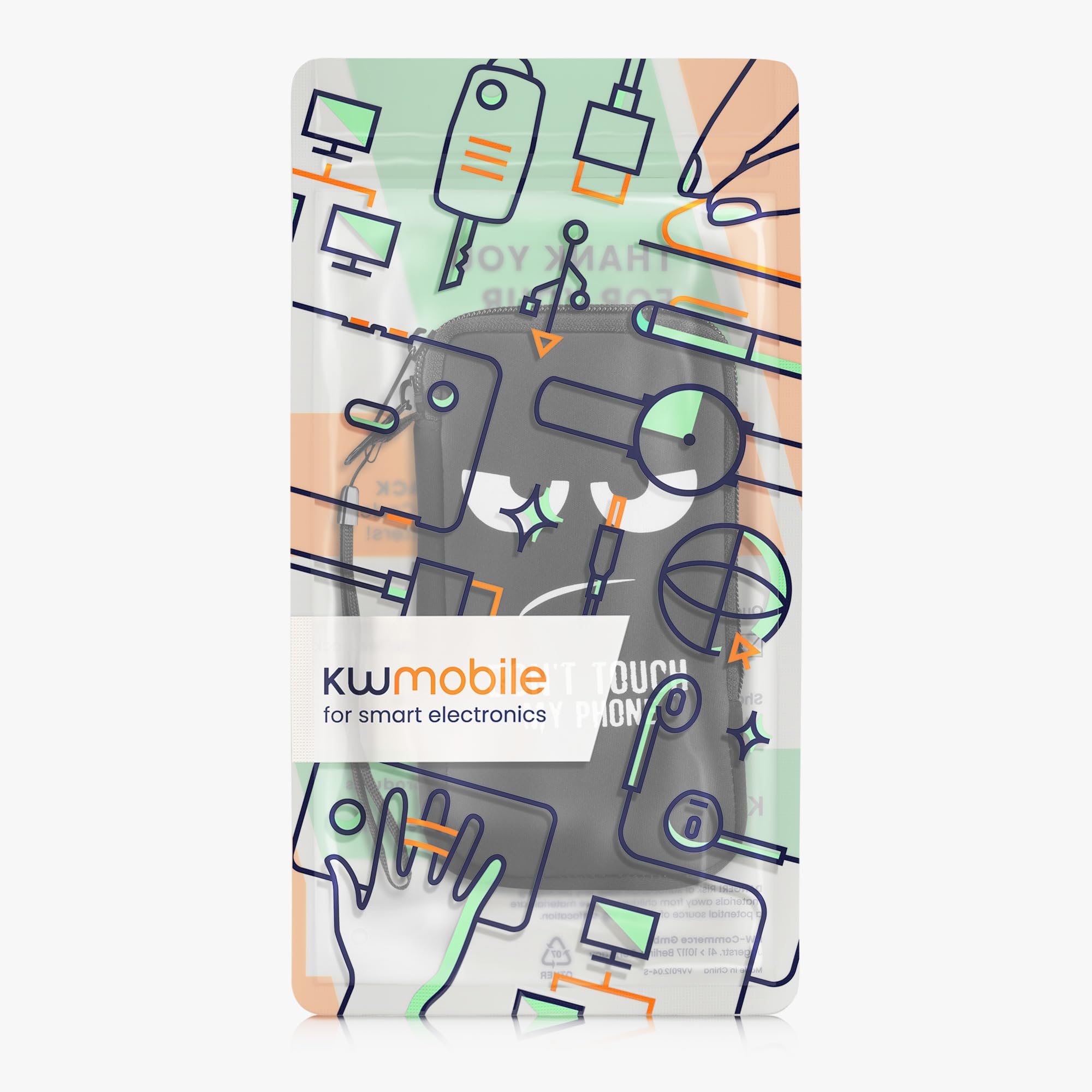 kwmobile Custodia in neoprene con zip per smartphone XXL - 7" - Astuccio portacellulare a sacchetto con cerniera - Borsa verticale - Don't touch my phone bianco/nero