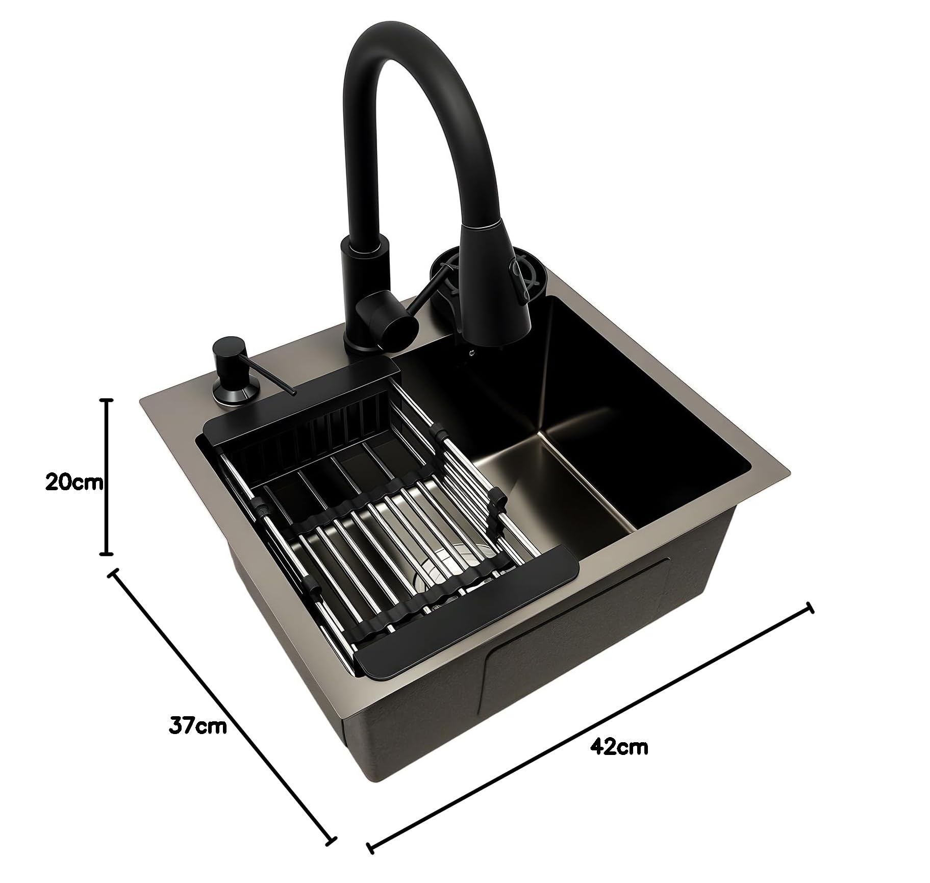 Fregadero de granito de acero inoxidable, 45 x 40 cm, color negro, juego completo con grifo, escurridor, dispensador de jabón y lavavajillas para tazas, fregadero empotrable para armarios bajos a
