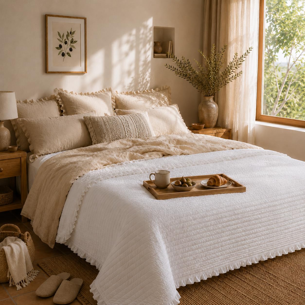 HaraDeco Cubrecama Blanco Reversible 300x260 cm para Cama 200 – Colcha Fina de Verano con Diseño de Volantes Elegantes, Ligera, Suave y Fácil de Lavar, Sin Funda de Almohada