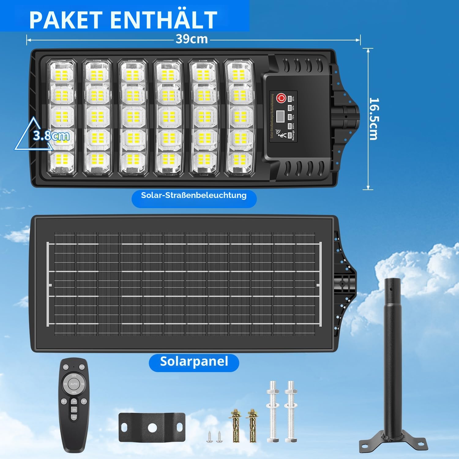 Solar Straßenlaterne für Außen, Solarleuchte mit Bewegungsmelder und Fernbedienung, IP67 Wasserdicht 6000K LED Solarlampen Außen Solar Strahler, Solar-Straßenleuchten für Garten Garage, 2 Stück