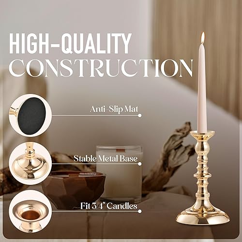 Miniatura 2 de Juego de 3 portavelas dorado para velas cónicas y pilares, elegante centro de mesa decorativo para mesa de comedor, boda, decoración del hogar, se