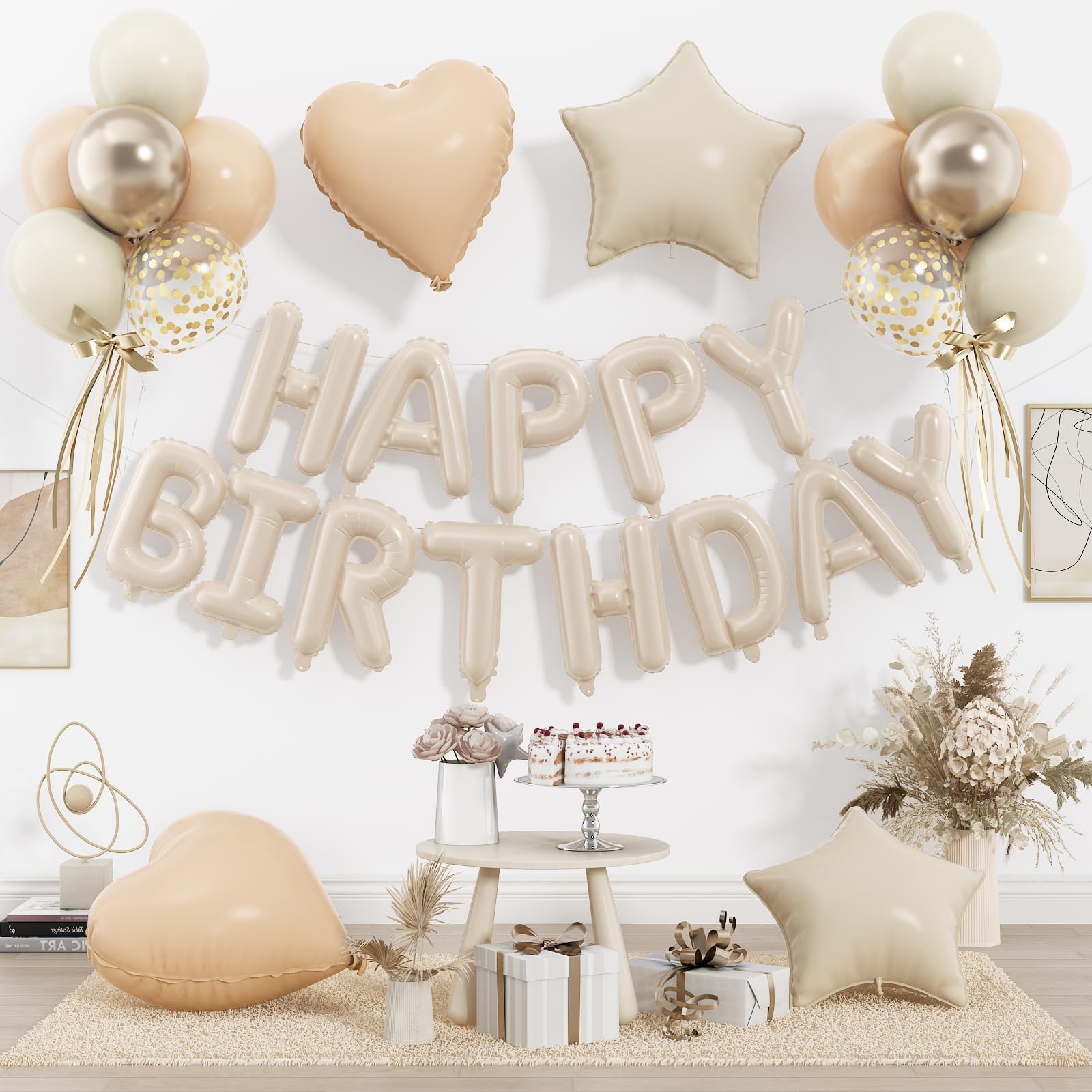 29 PC Cream Happy Birthday Balloon Banner, 16 Inch 3D Aluminum Letter Banner Sign, Apricot Champagne Gold Ivory White Balloon 18 Inch Star Heart Foil