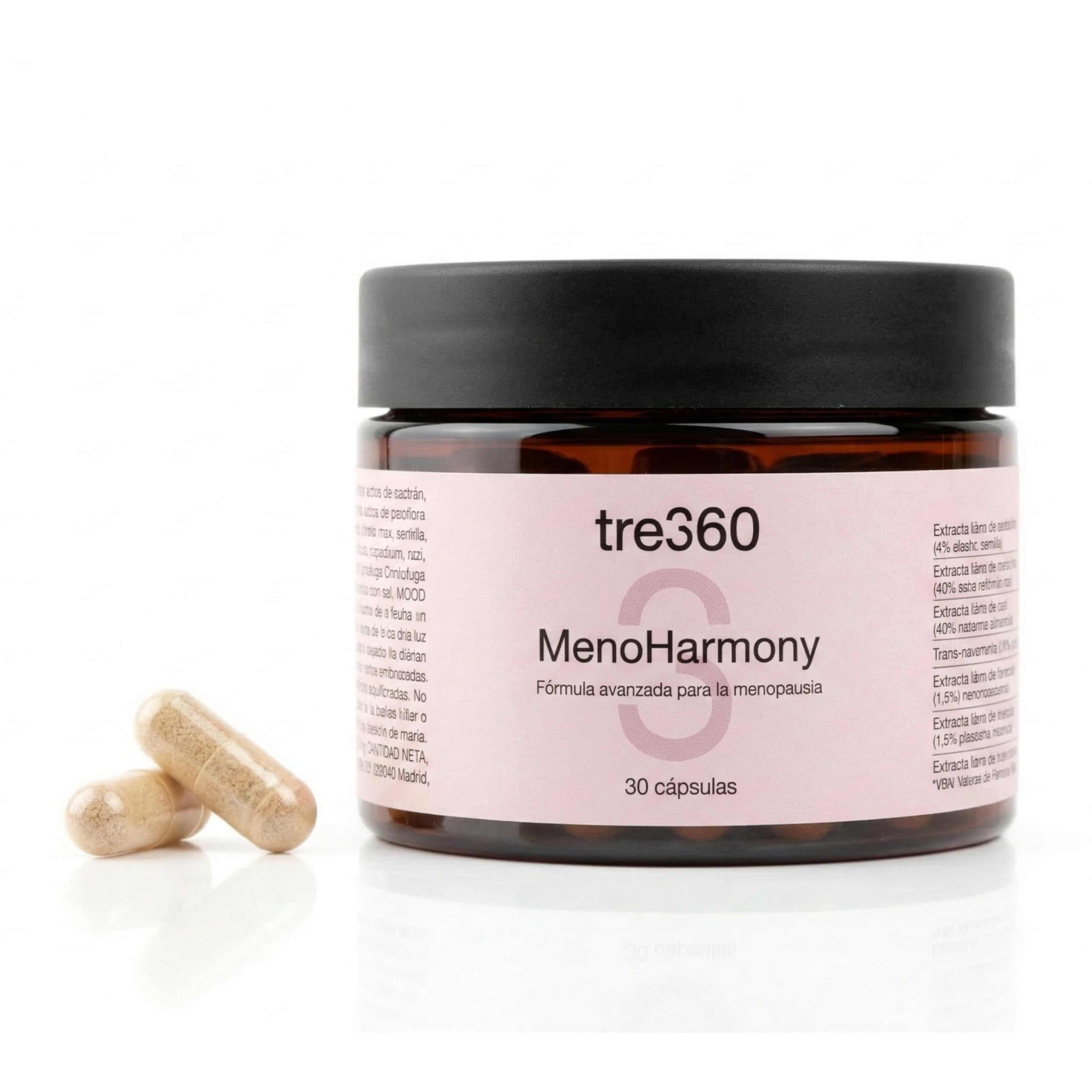 Tres60 - MenoHarmony - 30 Cápsulas - Complemento Alimenticio para Menopausia con Isoflavonas de Soja, Cimicífuga, Salvia, Pasiflora y Resveratrol - Equilibrio Hormonal, Bienestar Femenino