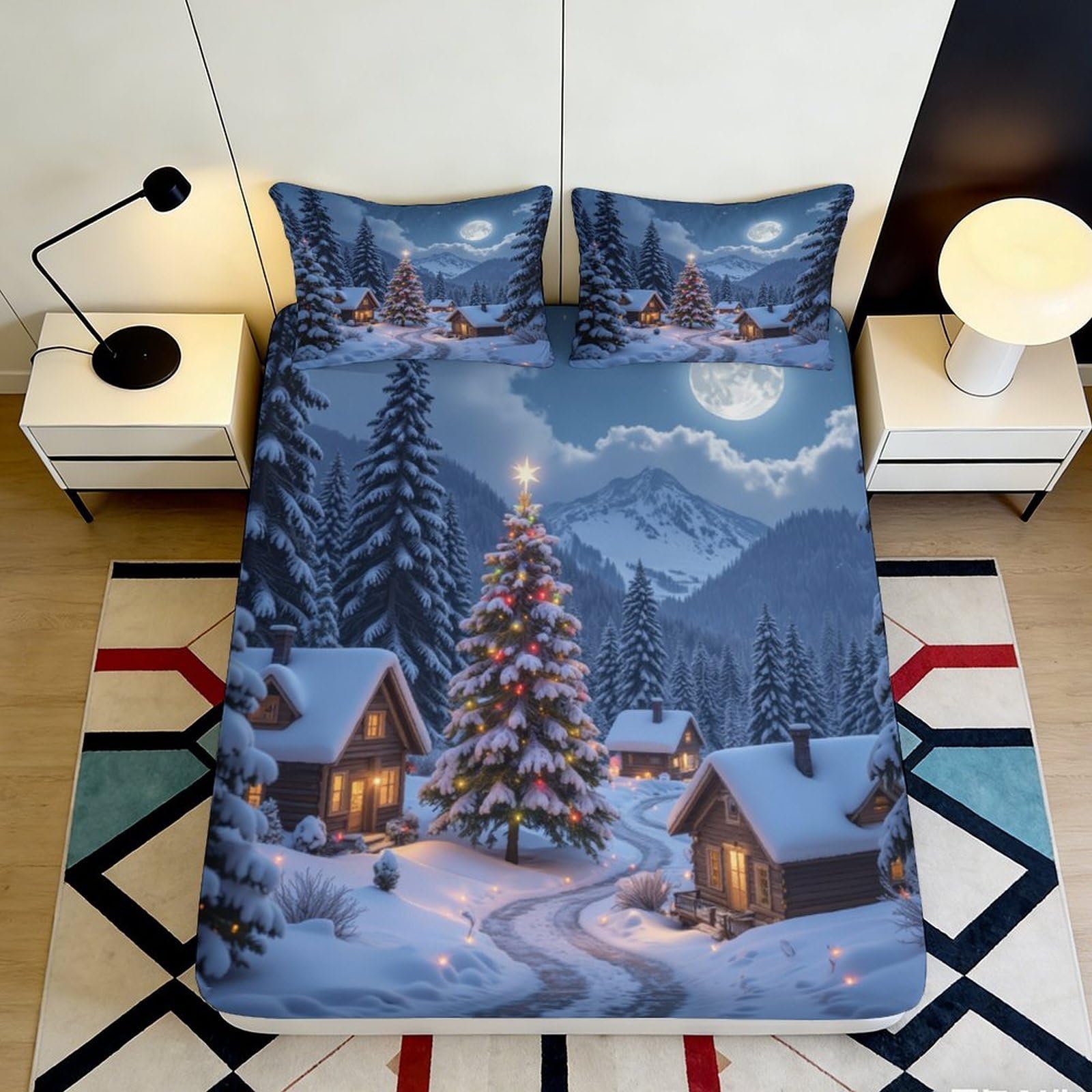 Jqzkxnhpbr Style-5 3D Printed Winter Night Snow Village Fitted Sheet Microfiber Soft Bed Cover For Bedroom Guest Room Mattress Decor 90X200x25cm