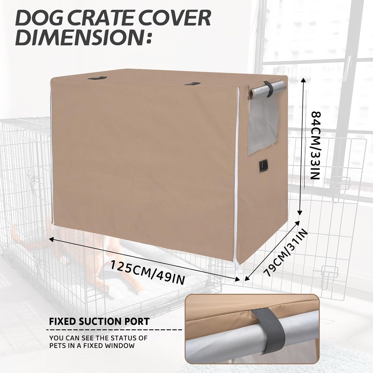 OUUTMEE Hundebox-Abdeckung, wasserdicht/Sonnenschutz/Lichtblockierend Hundekäfig-Abdeckung mit Tür und belüftetem Fenster 125cm Beige