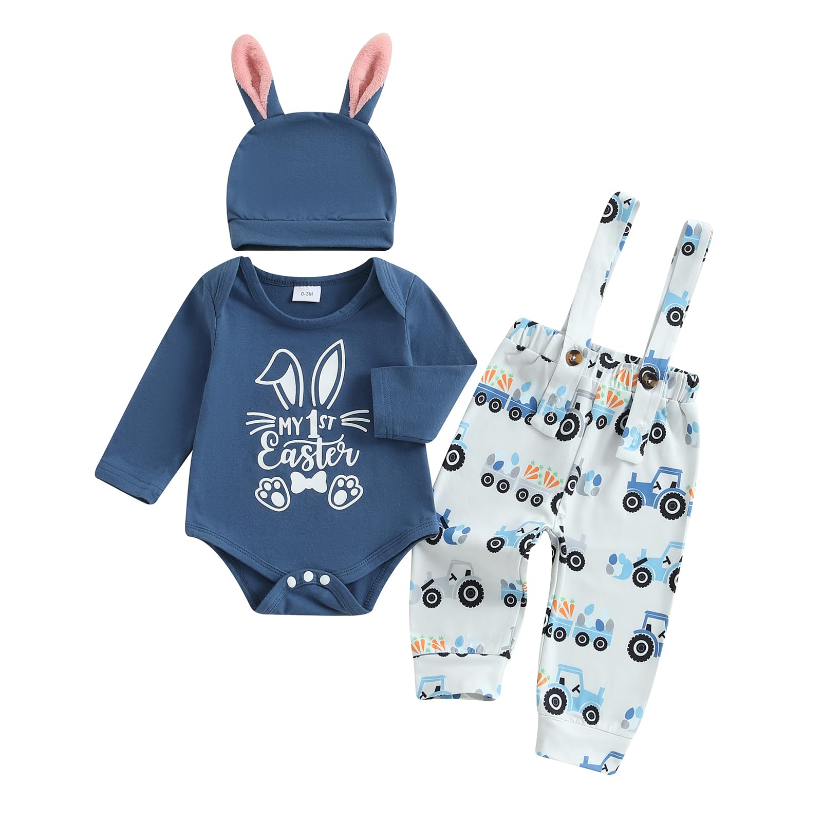 My First Easter Baby Boy Outfit Long Sleeve Romper Tractor Suspender Pants Set Bunny Ear Hat 3Pcs Easter Clothes