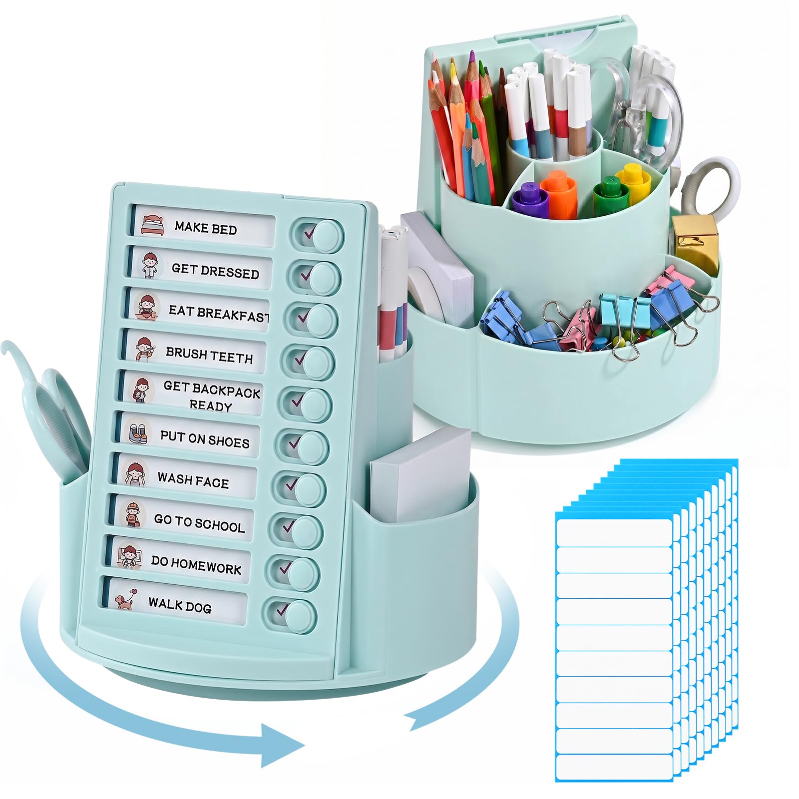 Pot à crayons rotatif à 360° avec liste de choses à faire pour enfants, organiseur de bureau, liste de contrôle, tableau de routine avec curseur, organisateur de stylos avec 7 emplacements