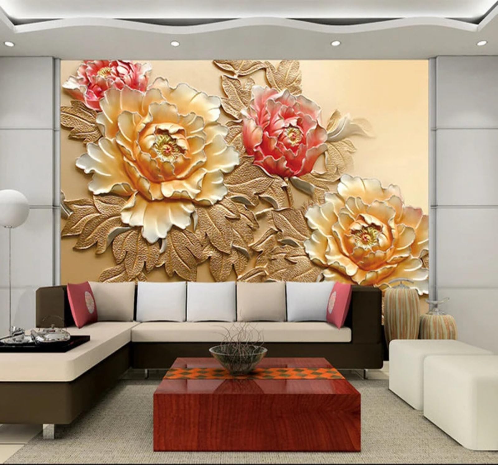 Wallpaper-3D-Xlm 350Cm×256Cm(B×H) Relief Three Dimensional Beautiful Light Luxury Peony 3D Wallpaper Easy Install Feature Office Living Room Sofa Bedroom Tv Background Wall Decoration-350Cm×256Cm