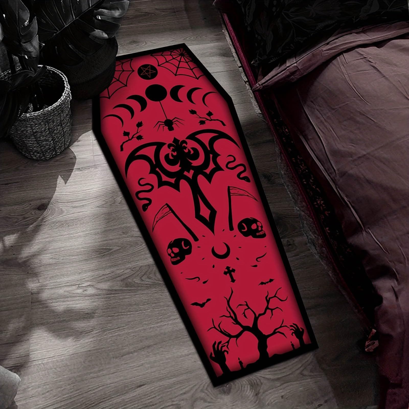 Halloween Carpet Dark Gothic Carpet for Living Room Decoration Coffin Shaped Rug Soft Non Slip Bedroom Home Party Supplies 51x19 Inch (Red-02)