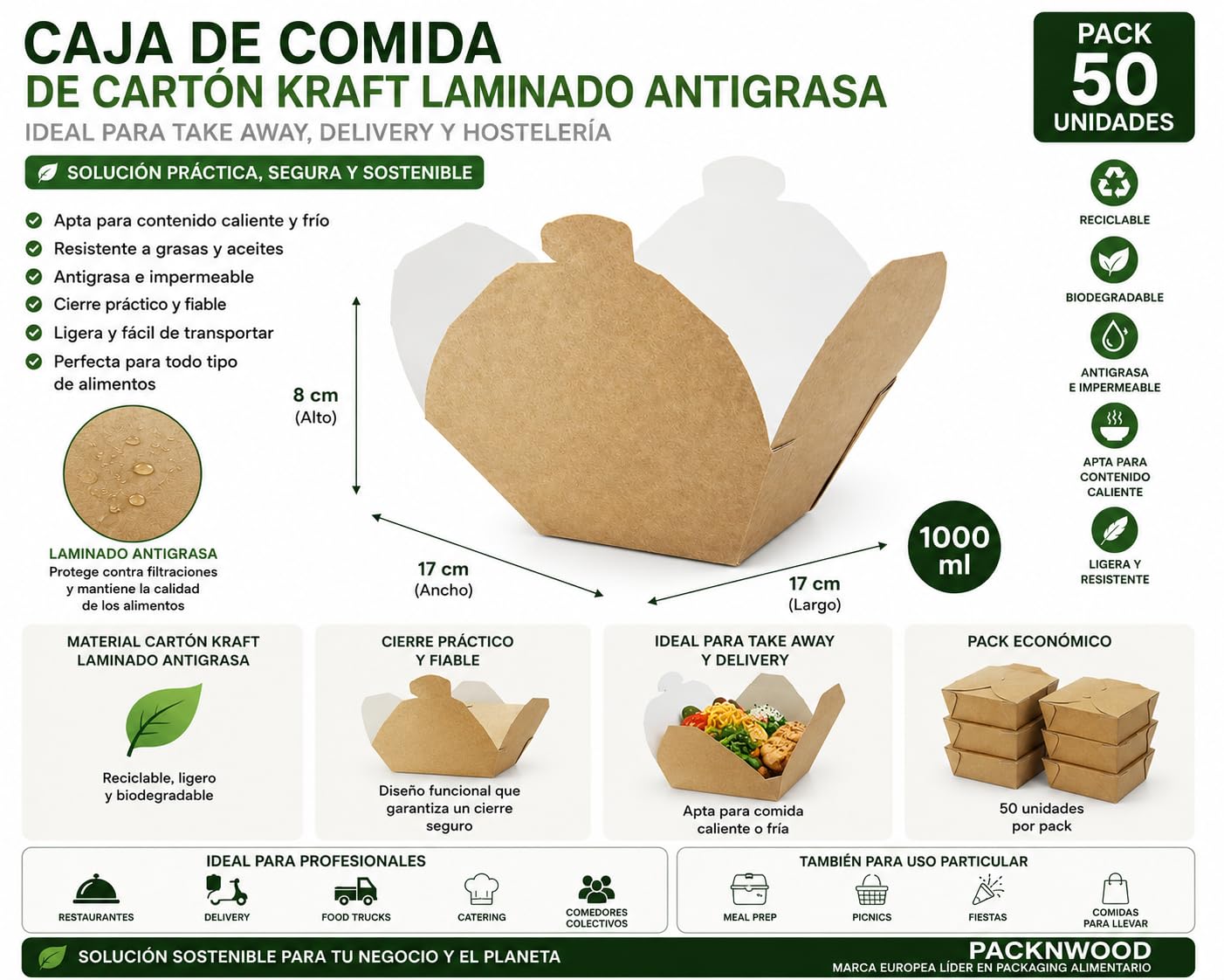 PacknWood 50Uds Caja comida en cartón kraft 1000ml, Delivery y Take Away | 17x17x8 cm, Hostelería Catering, Ref 210BIO1000K, laminado, antigrasa