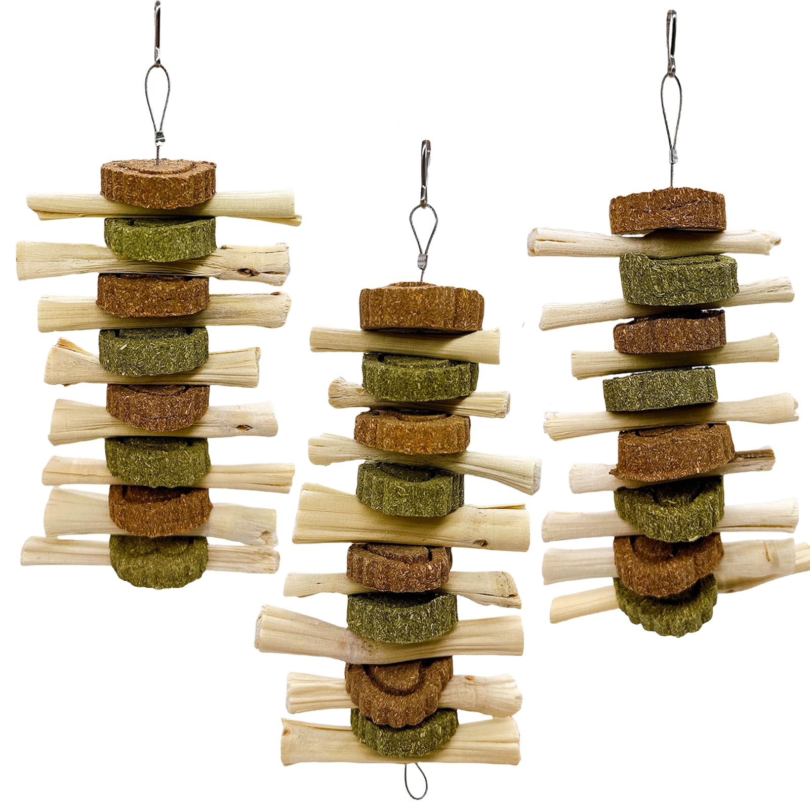 3Pcs Bunny Chew Toys for Teeth Bunny Hanging Grinding Cake Natural Sweet Bamboo Sticks Timothy Alfalfa Hay & Carrot Cake for Rabbit Guinea Pig