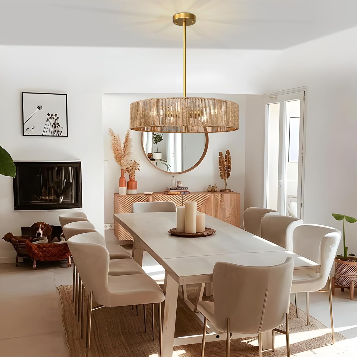 5-Light Boho Rattan Chandelier, Gold Hand-Woven Drum Farmhouse Chandelier Light Fixture, Large Adjustable Rustic Ceiling Light for Dining Room, Bedroom, Kitchen Island, Foyer, Hallway