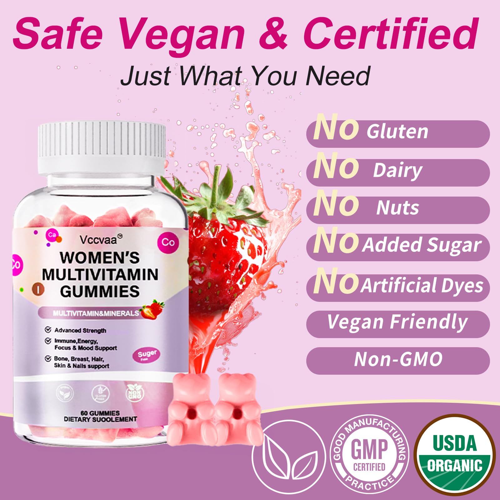 Sugar Free Multivitamin Gummies for Women 14+ with Iron, Inositol, Folate, Vitamins A C D3 E B12 K2, Herbal & Mineral Blend, Daily Vegan Gummy for Hair, Skin, Energy, Immune Support – 60 Count