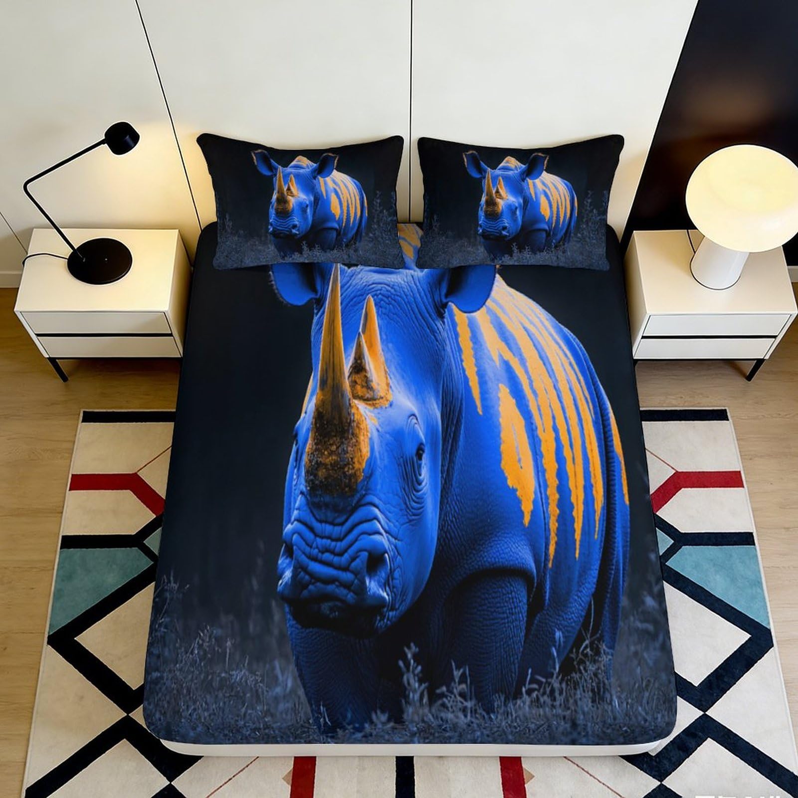 3D Printed Blue Rhino Design Fitted Sheet Microfiber Deep Pocket Non-Slip Bedroom Bedding Blue Rhino Mattress Fitted Cover Washable 140x200x25cm