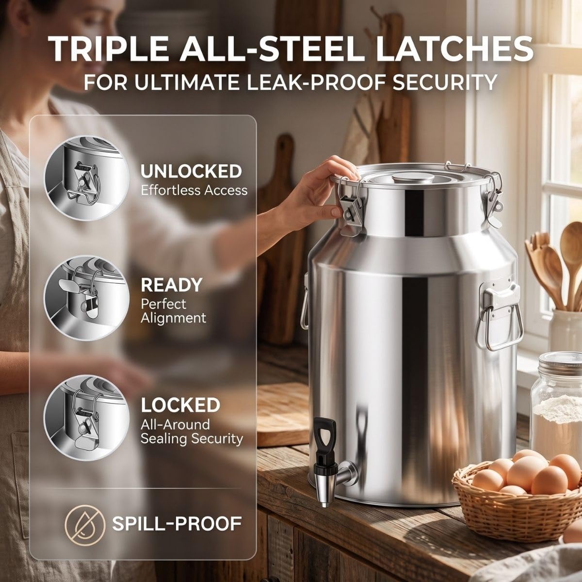 Bidón de Acero Inoxidable con Grifo, Cántara de Leche, Barril de Cerveza | Cubo Hermético con Tapa para Aceite Vino Agua, Jarra Antiderrames para Uso Doméstico y Granja(With Spigot,48L/12.68Gal)