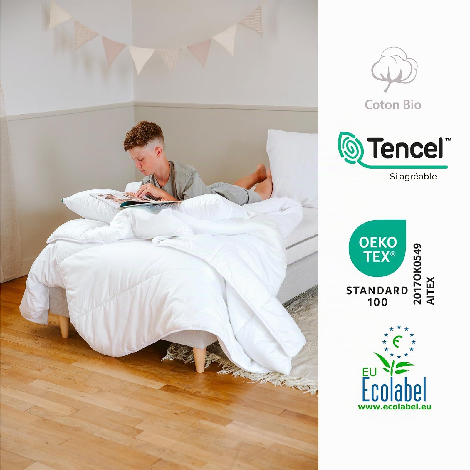 Kadolis - Couette Enfant 4 Saisons 140x200 cm Tencel™ Coton Bio - Hawi | Couette 4 saisons pour lit 1 personne - 300gr/m2 - douce et respirante - certifiée OEKO-TEX®